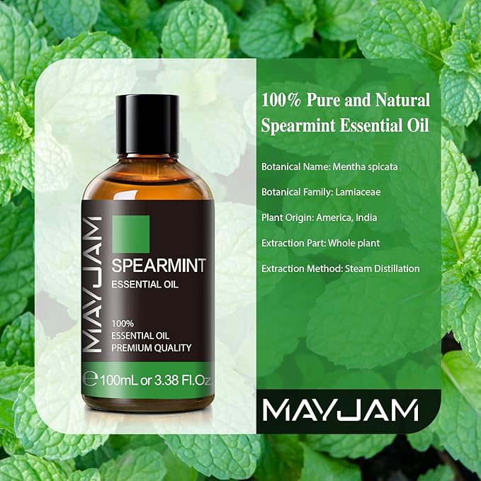 Spearmint Essential Oil, MAYJAM Pure Essential Oils for Diffusers, 3.38FL.OZ/100ML Large Volume Spearmint Oil for Facial Hair with Premium Glass Dropper