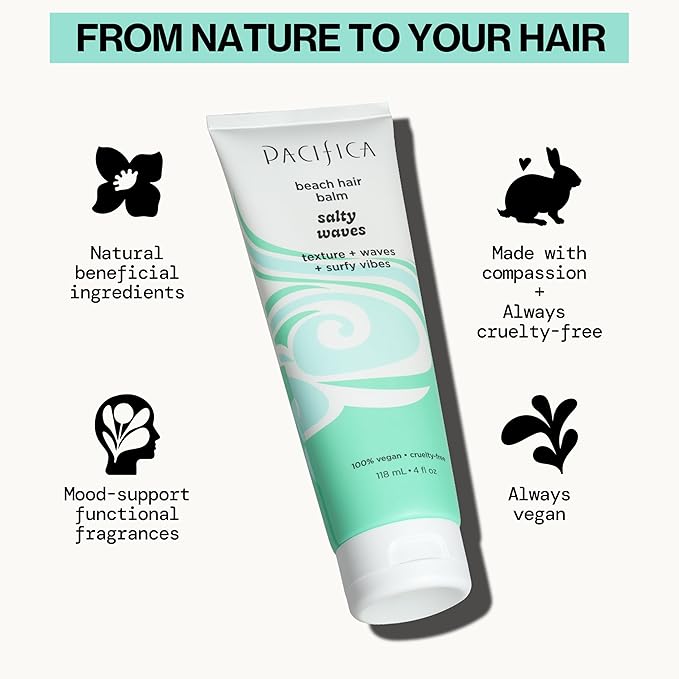 Pacifica Salty Waves Beach Hair Balm, 5-in-1 Styling Balm Designed to Hydrate & Nourish Hair, Vegan & Cruelty-Free, 4 Fl Oz