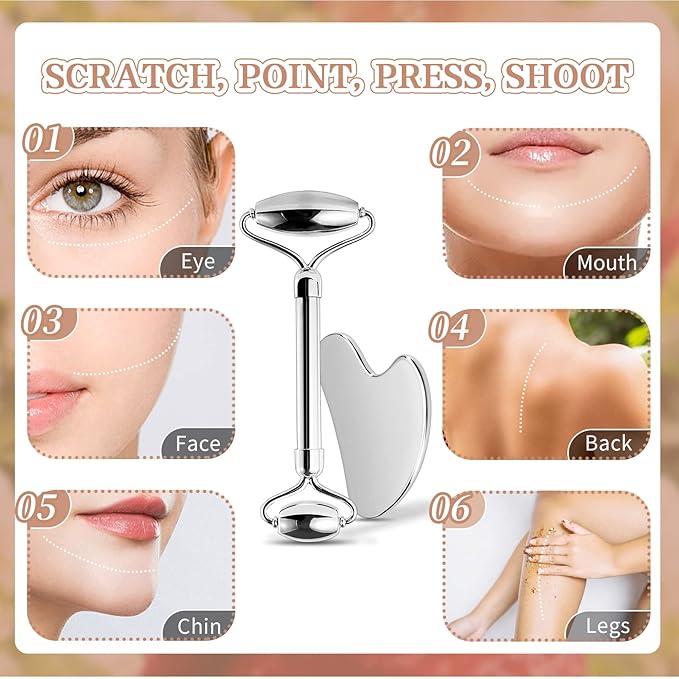 Stainless Steel Facial Roller & Gua Sha - Metallic Gua Sha, Gua Sha Facial Tools 304 Stainless Steel, Face Body Treatment, Reduce Puffiness, Lymphatic Drainage, Facial Tension
