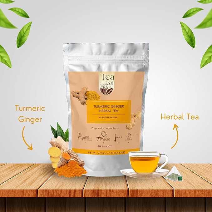 Tealeaf & Co. Turmeric Ginger Herbal Tea - Organic Ginger Turmeric Tea Bags with Fresh Herbs and Spices - Low Caffeine & Gluten Free - 100 Teabags (7.055oz/200gm)