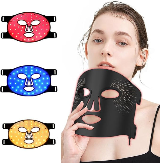 LED Face Mask 3 Colors Light Therapy Facial Photon Beauty Device Skin Care at Home for Facial Rejuvenation, Wrinkles Reduction, Anti-Aging (Black)