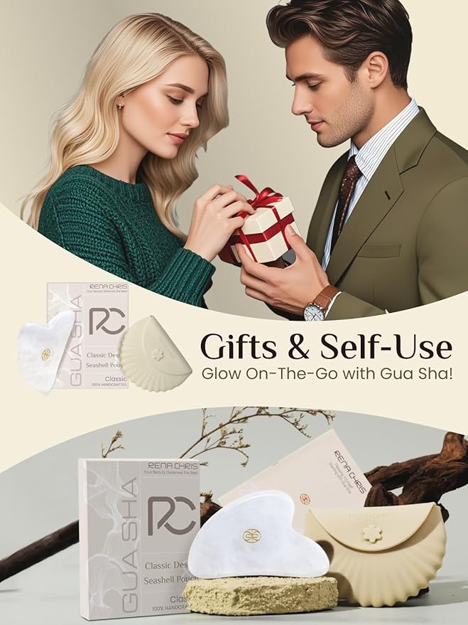 Rena Chris Gua Sha Facial Tools-Ergonomic White Jade Gua Sha for Face Massage, Jawline Sculpting & Puffiness Reduction with Silicone Case (White)