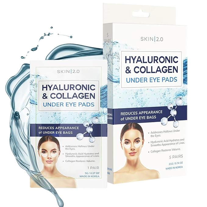 Hyaluronic Acid and Collagen Under Eye Patches - Anti-aging, Reduces Eye Bags & Wrinkles, Firming & Hydrating Eye Pads - Cruelty Free Korean Skin Care - All Skin Types - 5 Pairs