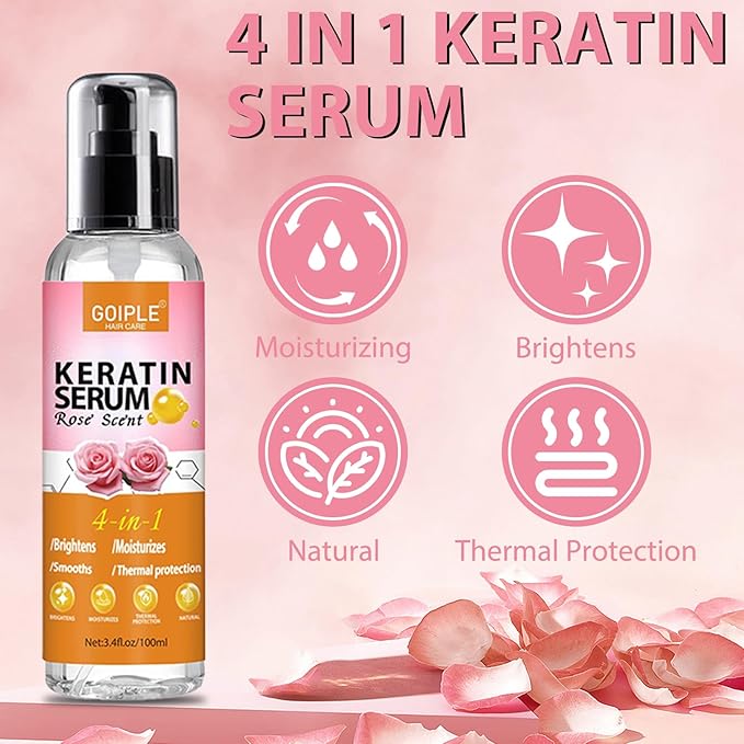 Keratin Protein Hair Serum Keratin Styling & Moisturizing Oil - Anti Frizz Control Nourishes & Repair Keratin Serum Oil for Dry Damaged Hair Heat Protectant Serum for Shine Prevent Hair Burns (Rose)