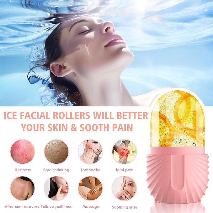 Ice Face Roller, Silicone Facial Ice Roller, Reusable Skin Care Massager Tools for Relieve Puffiness, Tighten Skin, Shrink Pores Shell Pink