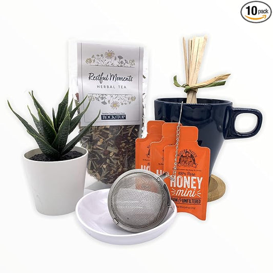 Rock the Top Restful Moments Herbal Tea Gift Box - Tea Set with Tea Infuser, Loose Leaf Tea, Tea Steeper, Tea Cup, Tea Bag Holder, Coaster & more- Gift Sets for Tea Lovers, Nurse Gifts, Birthdays & Teacher Appreciation.