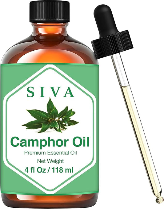 Siva Camphor Essential Oil - 4 Fl Oz – Natural Camphor Oil - for Diffuser, Face, Skin Care, Aromatherapy, Hair Care, Scalp and Body Massage - with Dropper