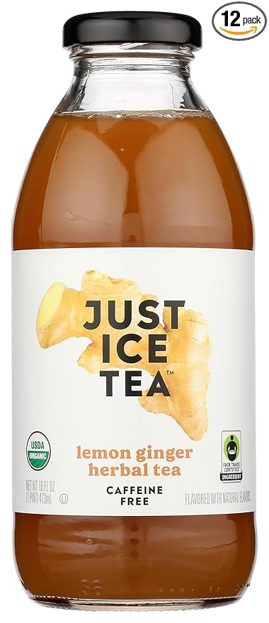 Just Ice Tea Ready To Drink Lemon Ginger Herbal Tea, Caffeine-Free, Natural Flavors, Fair Trade, Kosher, USDA Certified Organic, 16 Fluid Ounce (Pack of 12)