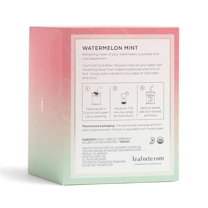 Tea Forte Watermelon Mint Cold Brew Iced Tea, Organic Caffeine Free 15 Sachet Infuser Tea Bags, Steeps in Cold Water