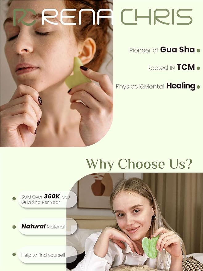 Rena Chris Gua Sha Facial Tools-Xiuyan Jade Gua Sha Stone for Face Massage, Jawline Sculpting & Puffiness Reduction with Silicone Case (Green)