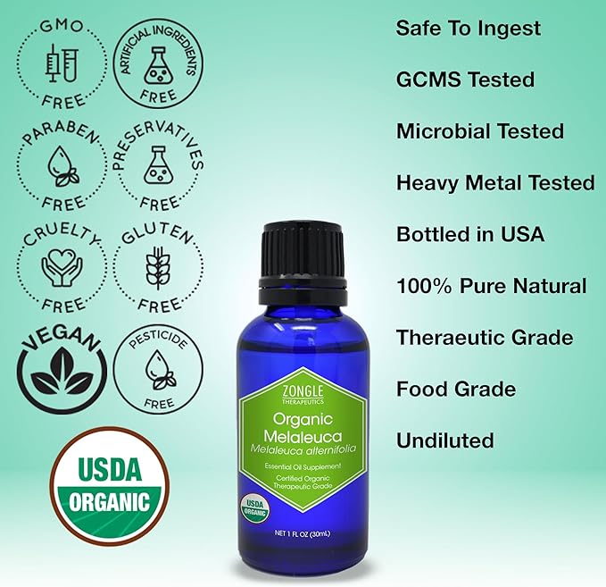 Organic, Tea Tree, Melaleuca, Oil, Food Grade – 100% Pure, Tea Tree Essential Oil, by Zongle Therapeutics, 1 OZ