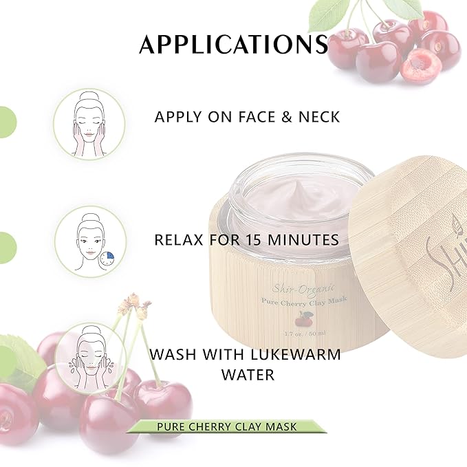 Shir-Organic Pure Cherry Clay Face Mask(50ml) Rich In Vitamin C Helps Clarify Heal and Prevent Blemishes Oil Control & Large Pore