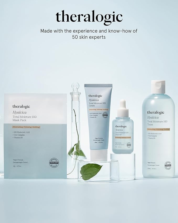 Hyalcica Total Moisture 10D Mask - Vegan Korean Moisturizing Face Mask Sheet with 10 Hyaluronic Acid and Cica - Non Sticky Refreshing - Derma Tested, 10 Sheets