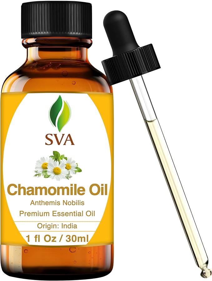 SVA Chamomile Essential Oil – 1 Fl Oz – 100% Natural Chamomile Oil - for Diffuser, Hair Care, Face, Skin Care, Aromatherapy, Scalp and Body Massage, Soap and Candle Making – with Dropper