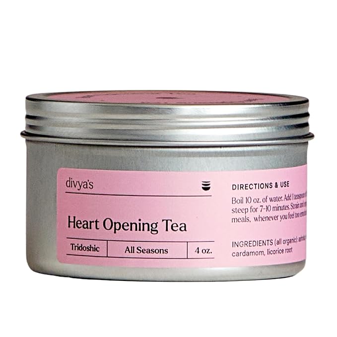 Divya's Heart Opening Tea, Ayurvedic Herbal Tea with Ashoka, Rose Petals, and Cardamom for Balance, Love, and Grief, Caffeine Free, Organic, Non-GMO, Ayurvedic, Loose Leaf Tea