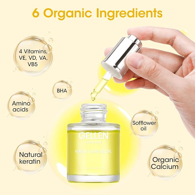 Gellen Nail Oil For Growth and Strength, Vitamin E Nail Cuticle Oil Moisturizer Strengthener Skin Cuticle Nail Care Nourishing Oil for Hydrating, Moisturizing, Strengthening, Repairing, 0.68 Oz