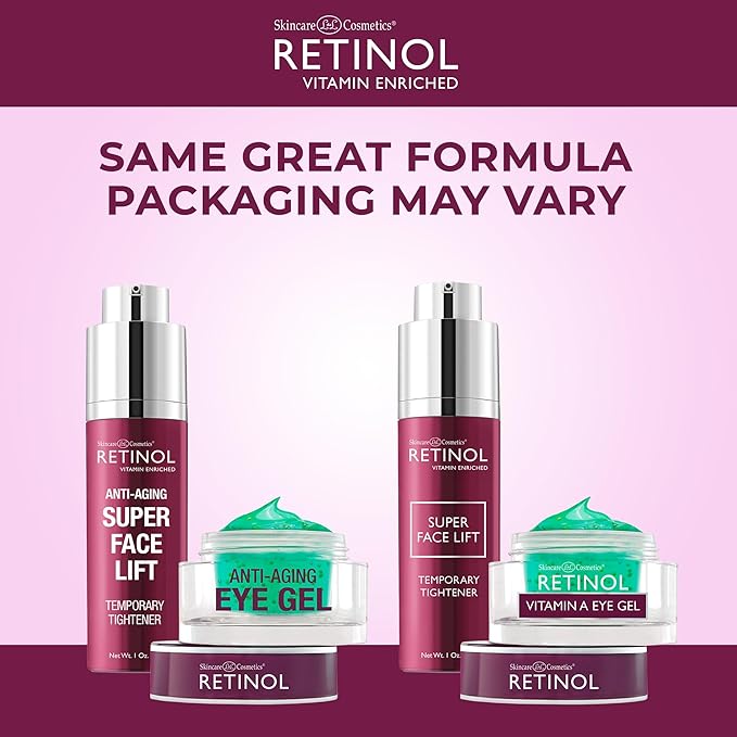 Retinol Super Face Lift - Visibly firms and tightens for a lifted, younger look. Infused, with Vitamins C & E + Retinol Eye Gel - Reduces Puffiness & Dark Circles, Restores Elasticity