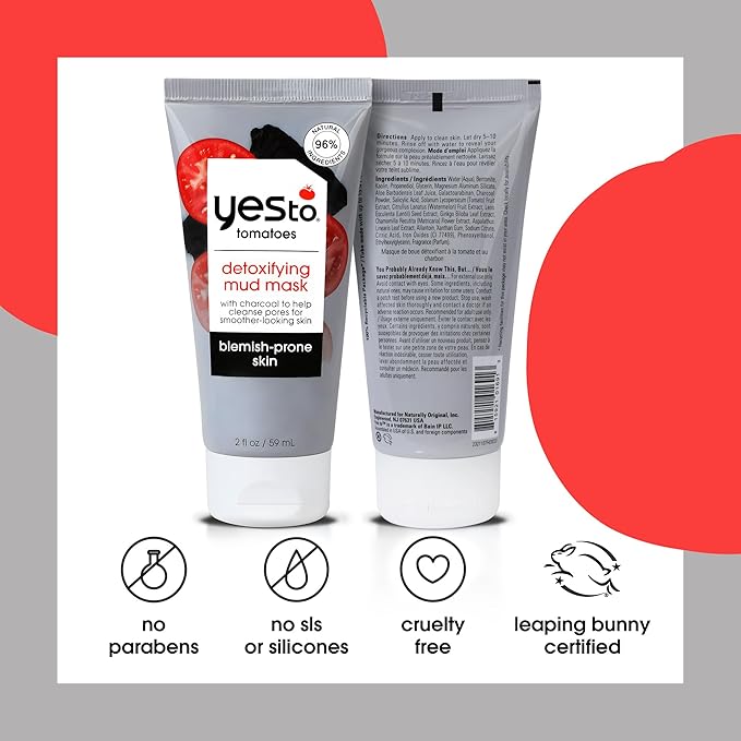 Yes To Tomatoes Clear Skin Detoxifying Charcoal Mud Mask For Acne Prone Skin Draw Out Impurities And Prevent Breakouts Contains Salicylic Acid 96 Natural Ingredients, Red, Tomato, 2.006 Fl Oz