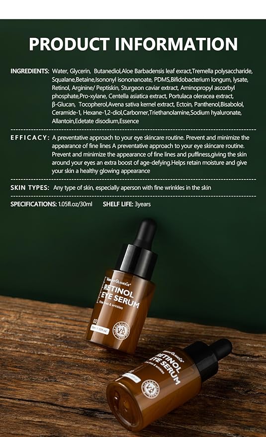 Retinol Eye Serum, Anti-Aging with Hyaluronic Acid Vitamin E Ceramide for Dark Circle, Fine Lines & Under Eye Bags Visibly Reduces, 1.02 fl.oz