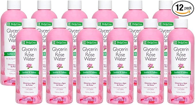 De La Cruz Rose Water and Glycerin for Face - Rosewater Facial Toner and Moisturizer for Skin and Hair 8 fl oz (236 mL) - 12 Bottles