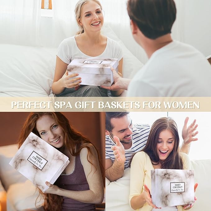 Spa Gift Baskets for Women, Sweet Coconut Birthday Gifts Baskets for Women, Spa Kit Gift Box, Bath and Body Relaxing Gifts Set for Mother Wife Sister Friends with Glass Cup Salt Scrub Shower Steamers