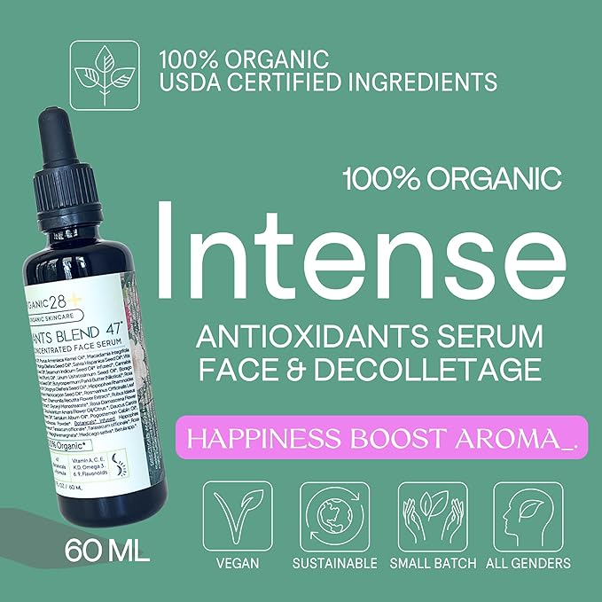 Organic28. 100% Organic Antioxidant Serum – USA Made. 47 Botanicals. Concentrated Rejuvenating Serum For Face & Décolletage. Rich Vitamins Organic Moisturizer. Aromatherapy: Bulgarian Rose.2 Fl. Oz