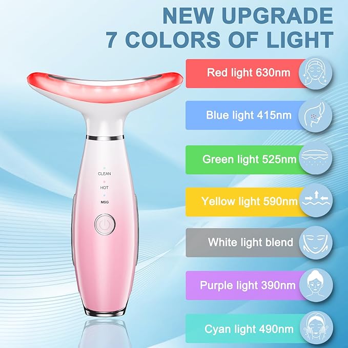 Facial and Neck Beauty Massager,7 Color Face and Neck Beauty Device with 3 Massage Modes,at Home Face Tool for Skin Care(Pink)