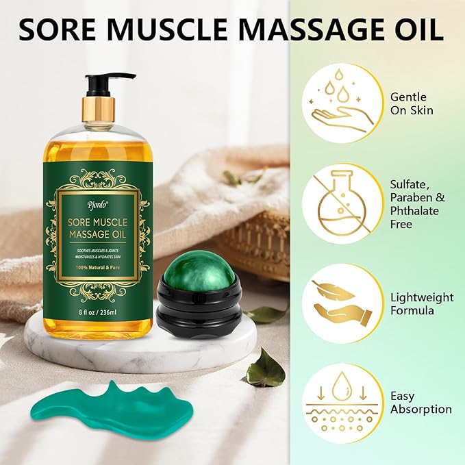 Sore Muscle Massage Oil for Massage, with Massage Roller Ball & Thumb Saver Massager, Body Massage Oil (8 Fl Oz)