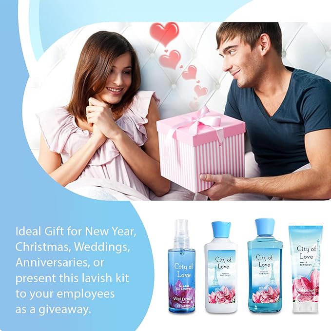 Bath & Body Kit, 3 Fl Oz, Ideal Skincare Gift Home Spa Set, Includes Body Lotion, Shower Gel, Body Cream, and Fragrance Mist, Birthday Mother's Valentine's Day Gifts(City of Love)