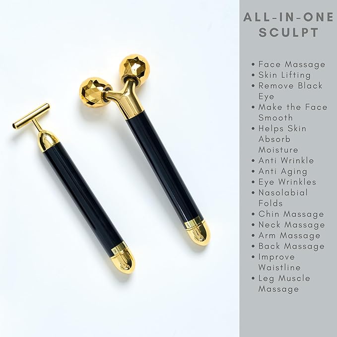 Black & Gold 3D Electric Facial Roller Massager Set, V Shape Roller & T Shape Massager, 3D Facial Roller, Skin Care Tools, Personal Massager