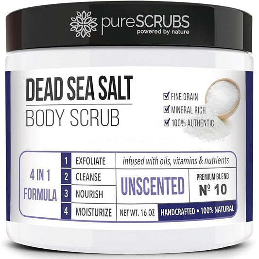pureSCRUBS Premium Unscented Body Scrub Set - Large 16oz Dead Sea Salt Body Scrub With Infused Essential Oils & Nutrients, Includes Wooden Spoon, Loofah & Oatmeal Exfoliating Bar Soap