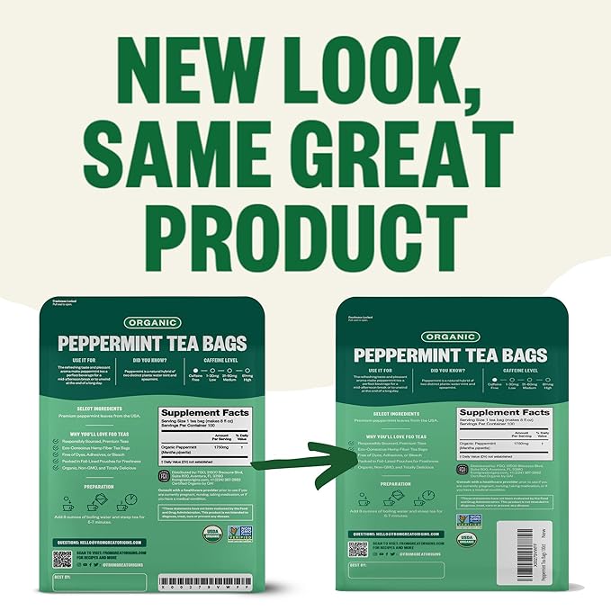 FGO Organic Peppermint Tea, 100 Count, Eco-Conscious Tea Bags, Caffeine Free, Packaging May Vary (Pack of 1)