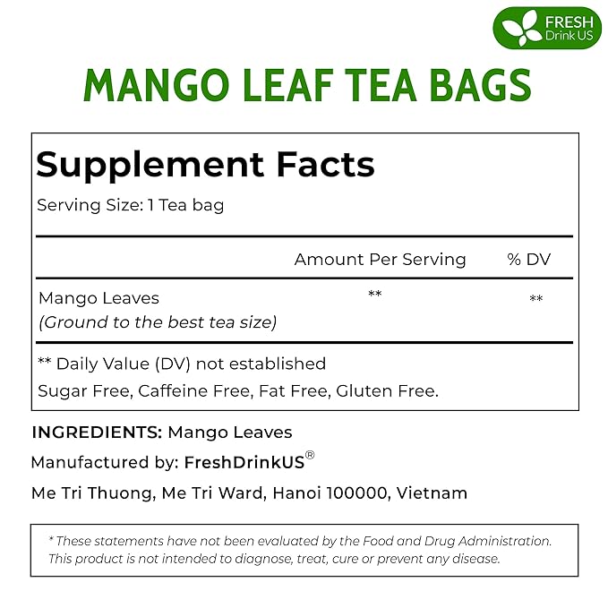 FreshDrinkUS, Premium 40 Mango Leaf Tea Bags, 100% Natural& Pure from Mango Leaves. Loose Leaf Mango Herbal Tea. Mango Leaf Tea. No Sugar, No Caffeine, No Gluten, Vegan.