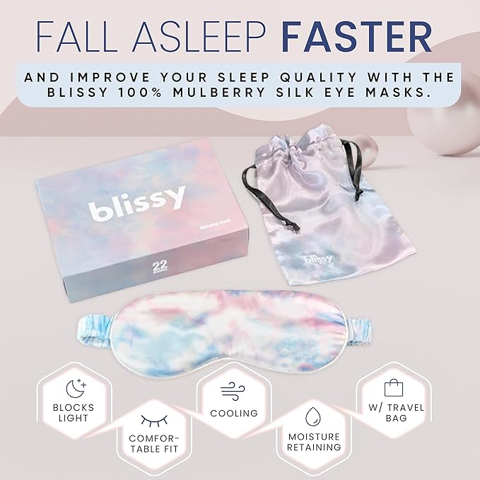 Blissy Silk Sleep Mask - Silk Eye Sleeping Mask for Women & Men for Total Blackout - 100% Pure Mulberry Silk, 22 Momme 6a Fibers - Blindfold Silk Sleep Mask Side Sleeper Eye Cover (Tie Dye)