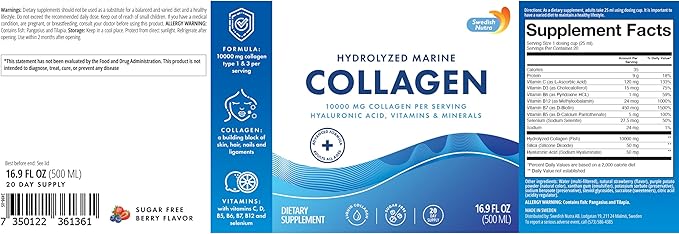 Swedish Nutra - Liquid Marine Collagen 10,000mg - 3 Packs of 500ml I Hydrolyzed Collagen Peptides (Type I & III) I Hyaluronic Acid, Biotin, Vitamin C - 60 Day Supply