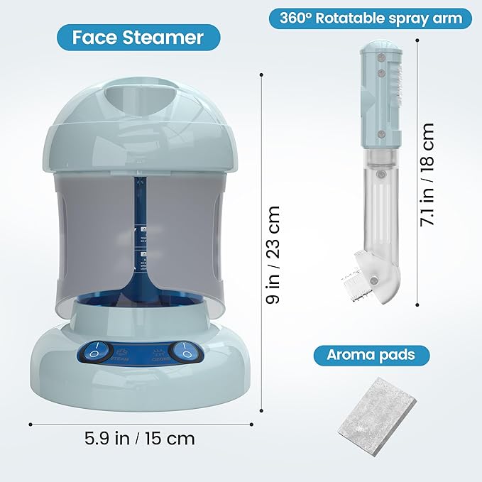 Nisperos Nano Ionic Facial Steamer - 360° Rotatable Sprayer - 40 Minutes Warm Mist - Humidifier - Professional Face Steamer for Facial Deep Cleaning (Light Blue)