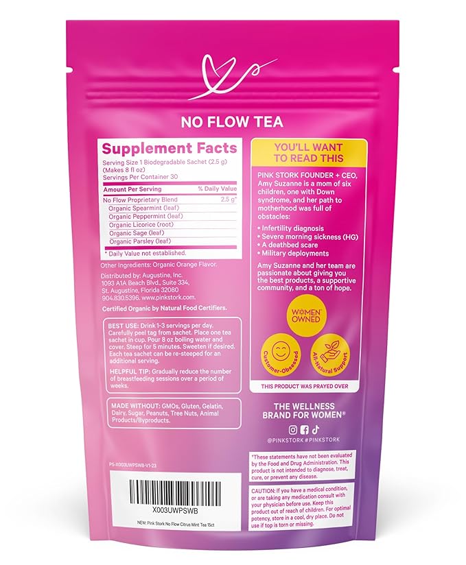 Pink Stork No Flow Tea, Organic Sage Tea to Help Dry Up Breast Milk Supply, Stop Breastfeeding and Wean Lactation Naturally, Postpartum Essentials - 30 Cups