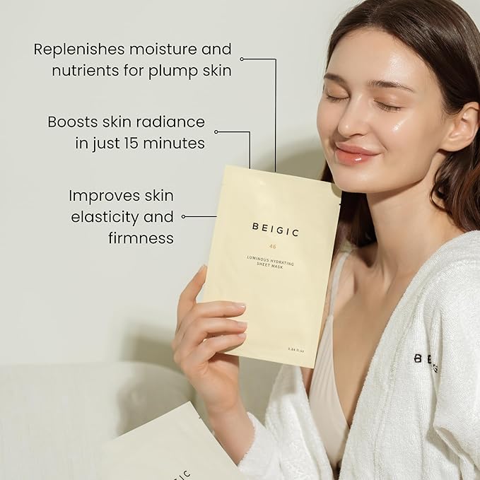 BEIGIC Luminous Hydrating Sheet Mask - Vegan Moisturizing Firming Face Mask Pack with Peptides, Vitamin C & Niacinamide for Dewy Glass Skin (4ea, 0.84 fl oz)