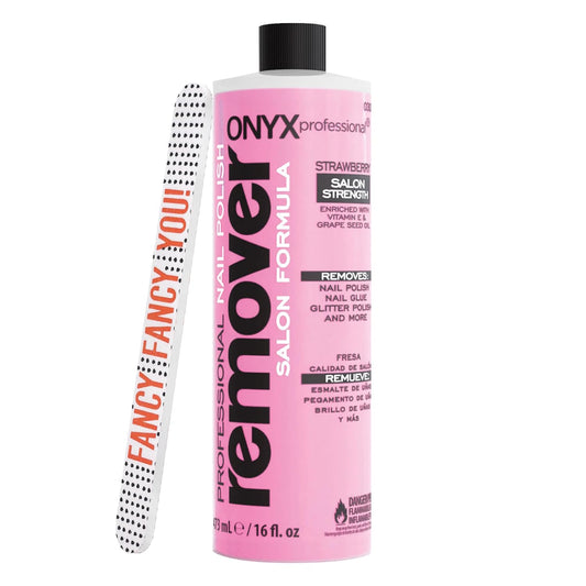 Onyx Professional Nail Polish Remover with 7 inch Nail File, Strawberry Scent, Made in USA, 16 fl oz - Moisturizing Formula, Acetone-based Gel Polish Remover, Enhanced with Vitamin E, Grape Seed Oil