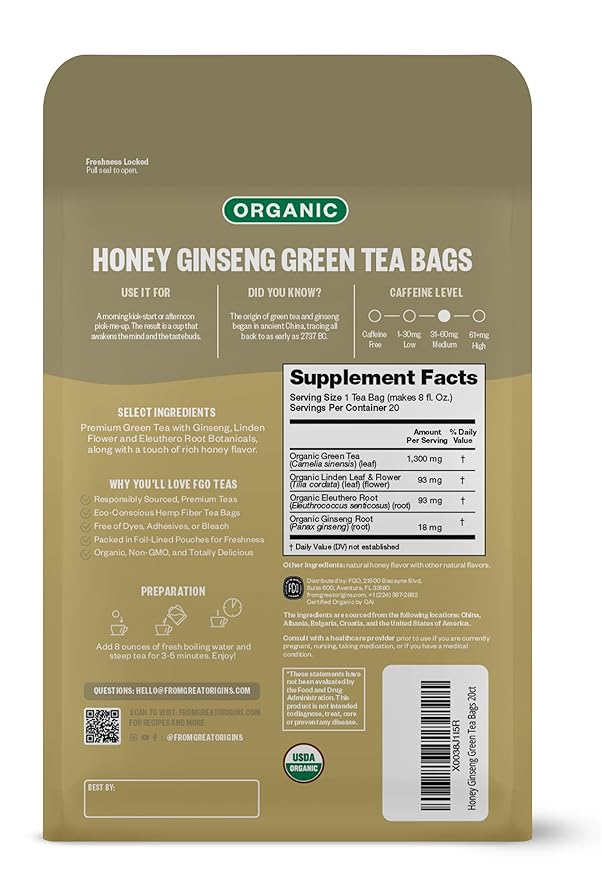 FGO Organic Honey Ginseng Green Tea, 20 Count, Eco-Conscious Tea Bags, Resealable Bag, Packaging May Vary (Pack of 1)