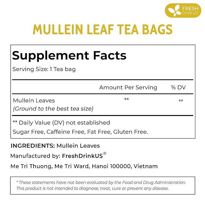 FreshDrinkUS, Premium 120 Mullein Leaf Tea Bags For Lung, 100% Natural & Pure from Mullein Leaves. Loose Leaf Mullein Herbal Tea. Made with Natural Material Tea Bags. No Sugar, No Caffeine, No Gluten, Vegan.
