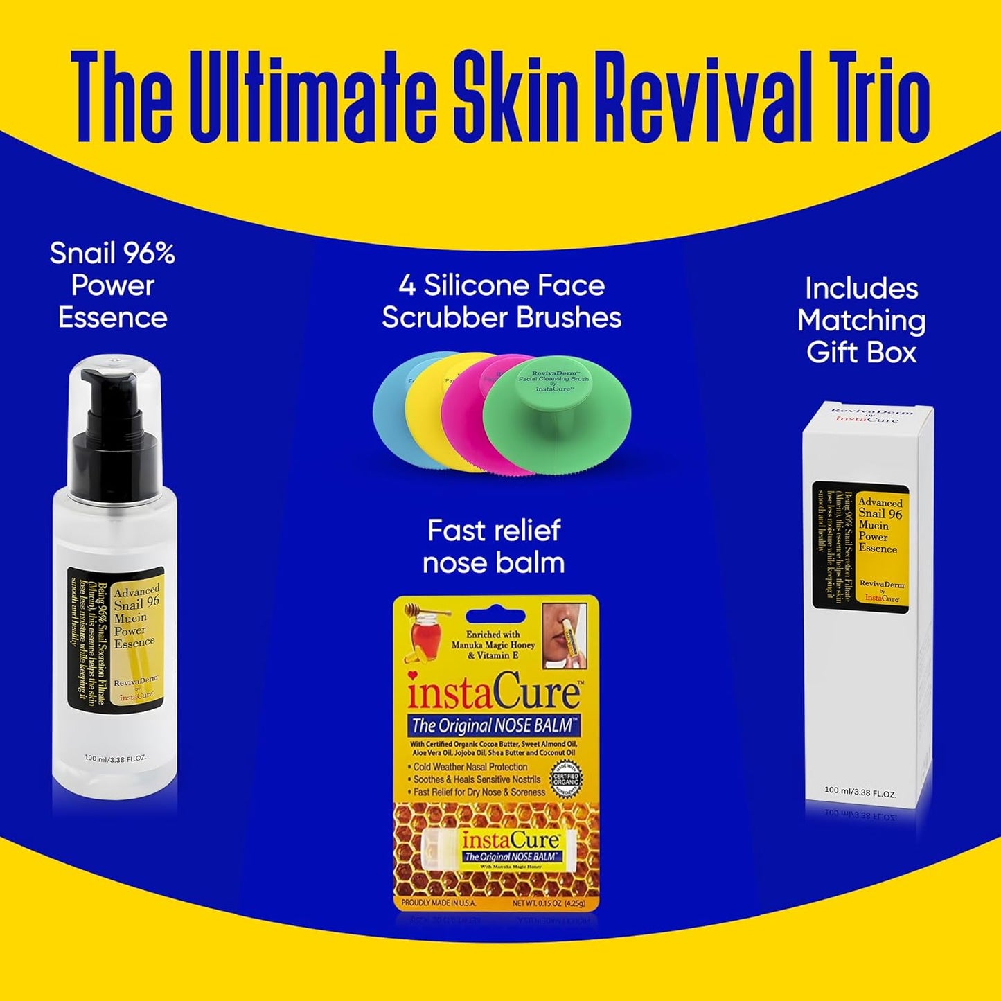 Original Nose Balm, Advanced Snail 96 Mucin Power Essence (3.38 fl oz) Bundle with 4 x Silicone Facial Cleansing Brushes & Matching Gift Box