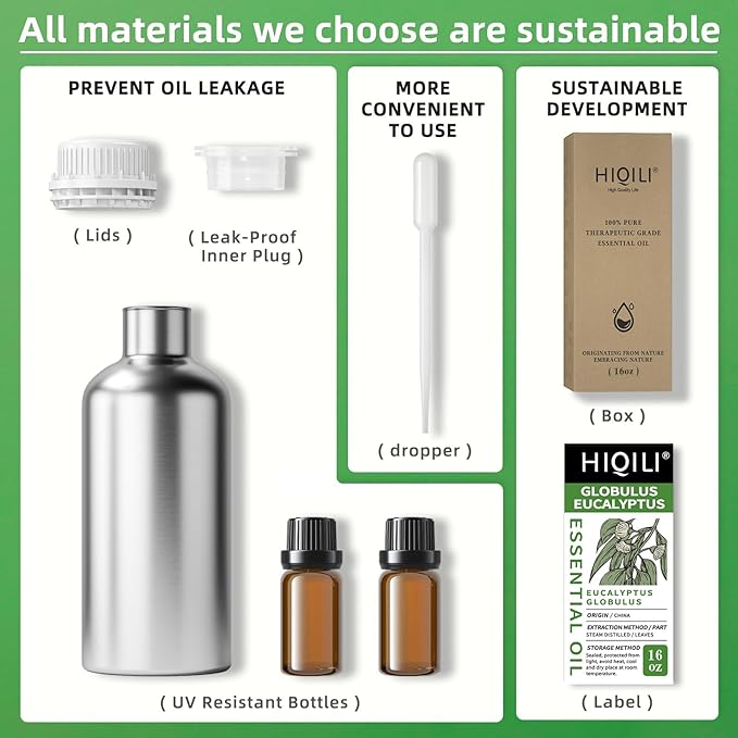 HIQILI Eucalyptus Essential Oil for Spray, Diffuser & Skin, 100% Pure Undiluted - 16 Fl Oz