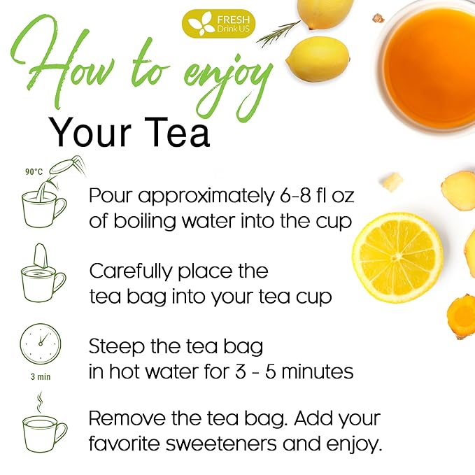 FreshDrinkUS, Premium 200 Lemon Ginger Tea Bags, 100% Natural Ingredients, Hand-made Blend of Lemon and Ginger, Eco-conscious Tea Bags. Lemon Ginger Herbal Tea. No Sugar, No Caffeine, Vegan.