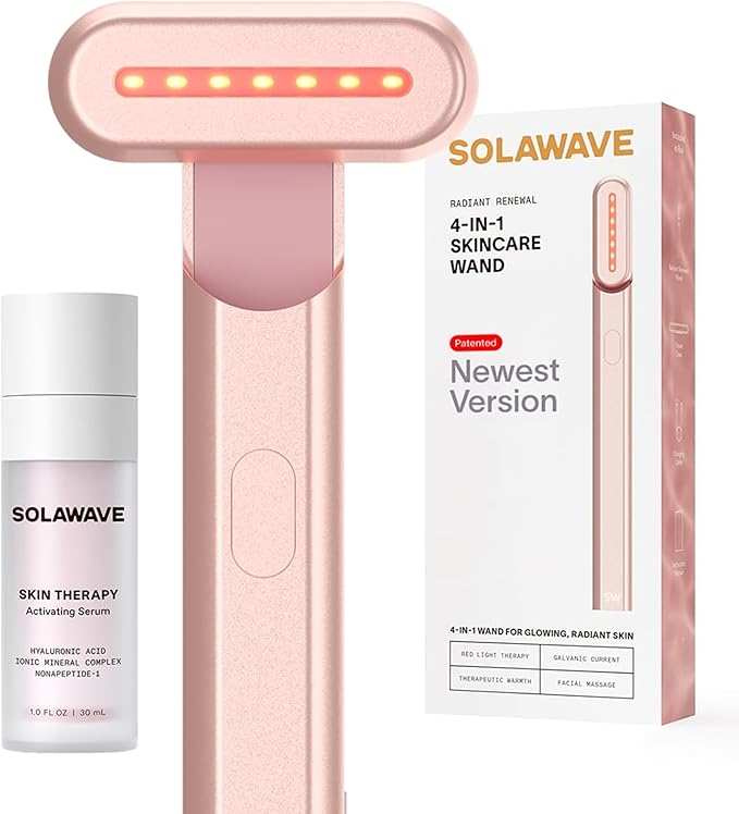 Solawave Skincare Wand & Serum – 4-in-1 Galvanic Current, Face Massager, & Red Light Therapy Wand – 1 Oz Activating Serum for Anti-Aging, Wrinkle Reduction, Face Lift & Hyperpigmentation Skin Care