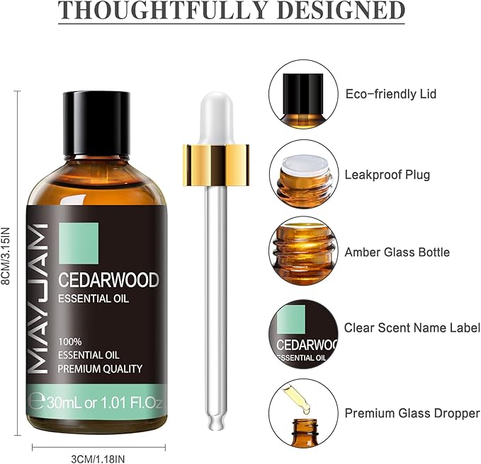 Cedarwood Essential Oil 1.01fl.oz/30ML, MAYJAM Premium Cedarwood Oil for Massage, Diffuser, Candle Making, DIY Soap, Long Lasting Scents