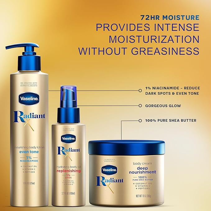 Vaseline Radiant X Skin Care Set – Even Tone Nourishing Body Lotion with 1% Niacinamide, Deep Nourishment Body Cream with Vitamin C + Hydrating Body Oil with Vitamin E (3 Piece Set)