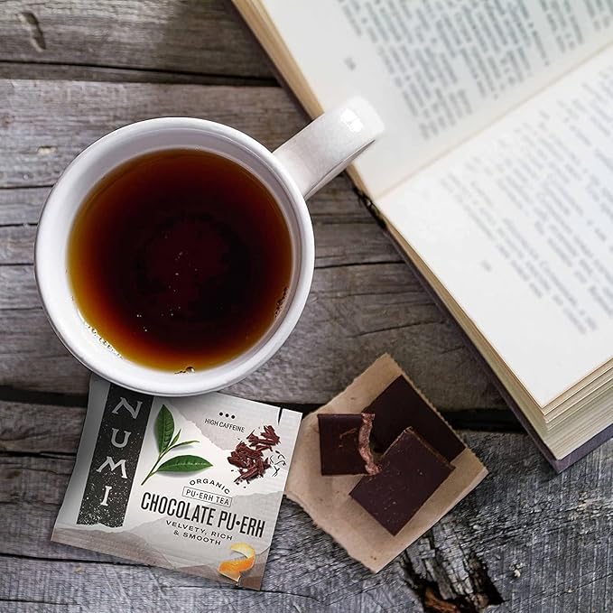 Numi Organic Chocolate Pu-erh Tea, 16 Tea Bags, Aged Yunnan Pu-erh Black Tea with Cocoa & Orange Peel (Packaging May Vary)