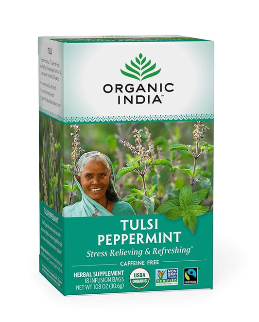 Organic India Tulsi Peppermint Herbal Tea - Holy Basil, Stress Relieving & Refreshing, Immune Support, Aids Digestion, Caffeine-Free - 18 Bags, 1 Pack