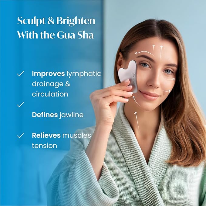 PLANTIFIQUE Gold Under Eye Patches for Puffy Eyes and Dark Circles 5 Pairs and Stainless Steel Gua Sha Facial Tool, Skin Massage Tool for Face, Body, Eyes, Neck, Heart Style with Travel Pouch